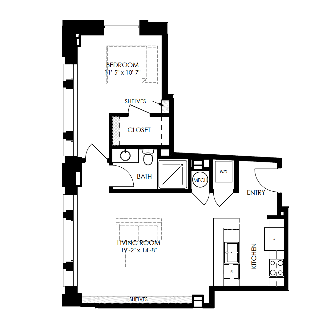 Floor plan for 1 bed, 1 bath, 668 sqft
